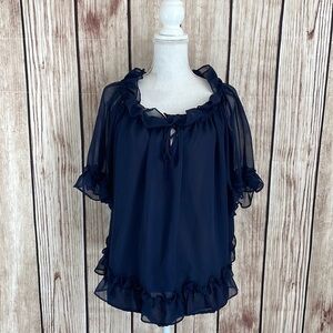 Once Again Navy Sheer Blouse w/Bodice Lining - Ruffle Sleeves and Front Tie SM